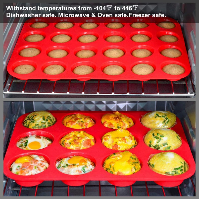 Helpcook Silicone Muffin Pan Cupcake Set, Non-Stick Regular 12 Cups and Mini 24 Cups,Silicone Baking Molds,BPA Free Muffin Tin with 1 Silicone Spatula & 1 Oil Brush (Red) - Image 5